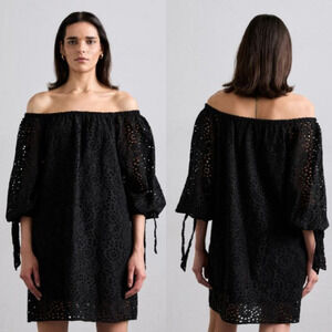 Alice + Olivia Artemis Off-The-Shoulder Eyelet Mini Shift Dress Black Women's XS